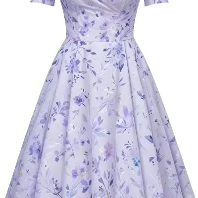 A Light Purple Dress With A Floral Pattern Off The Shoulder Sleeves And A Fitted Bodice Against A White Background 15 C97f
