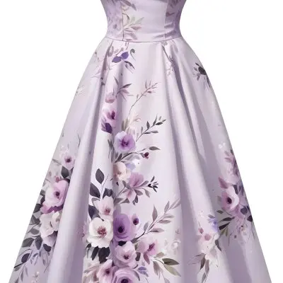 A Light Purple Dress With A Floral Pattern Off The Shoulder Sleeves And A Fitted Bodice Against A White Background 19