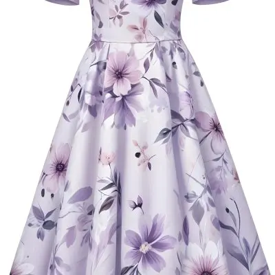 A Light Purple Dress With A Floral Pattern Off The Shoulder Sleeves And A Fitted Bodice Against A White Background 20