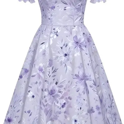 A Light Purple Dress With A Floral Pattern Off The Shoulder Sleeves And A Fitted Bodice Against A White Background 5