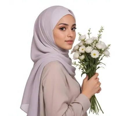A Light Skinned Arab Woman Age 25 With A White Hijab Holding A Bouquet Of Flowers White Shirt In A White Background 1 8b9d