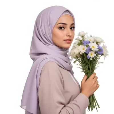A Light Skinned Arab Woman Age 25 With A White Hijab Holding A Bouquet Of Flowers White Shirt In A White Background 13 2479
