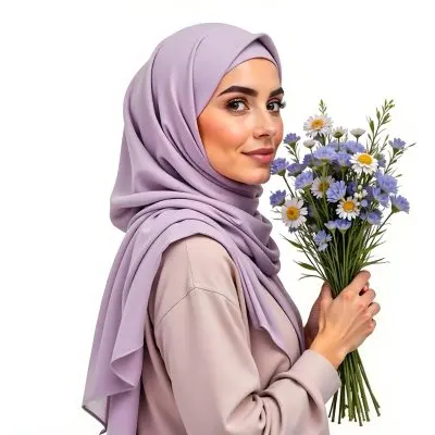 A Light Skinned Arab Woman Age 25 With A White Hijab Holding A Bouquet Of Flowers White Shirt In A White Background 15 3611