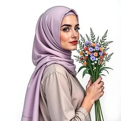A Light Skinned Arab Woman Age 25 With A White Hijab Holding A Bouquet Of Flowers White Shirt In A White Background 17 Ce03