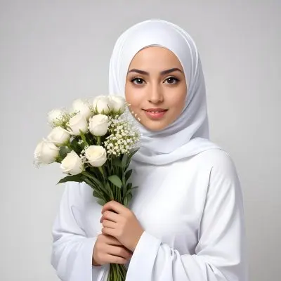 A Light Skinned Arab Woman Age 25 With A White Hijab Holding A Bouquet Of Flowers White Shirt In A White Background 19 3075