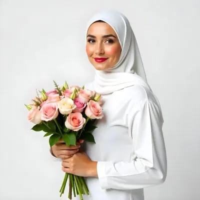 A Light Skinned Arab Woman Age 25 With A White Hijab Holding A Bouquet Of Flowers White Shirt In A White Background 24 7c38