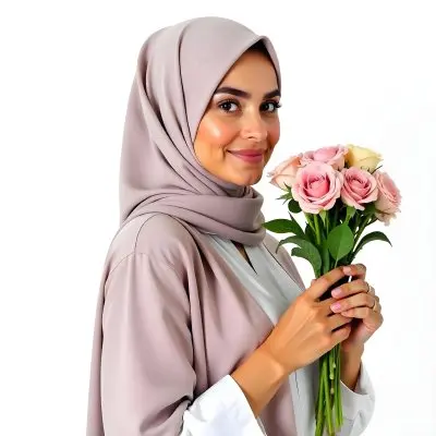 A Light Skinned Arab Woman Age 25 With A White Hijab Holding A Bouquet Of Flowers White Shirt In A White Background 26 9207