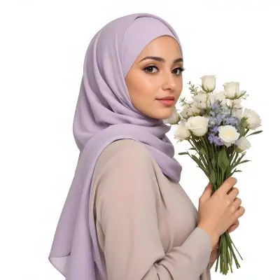 A Light Skinned Arab Woman Age 25 With A White Hijab Holding A Bouquet Of Flowers White Shirt In A White Background 27 Ec6e