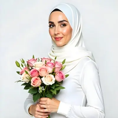 A Light Skinned Arab Woman Age 25 With A White Hijab Holding A Bouquet Of Flowers White Shirt In A White Background 28 185e
