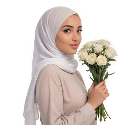 A Light Skinned Arab Woman Age 25 With A White Hijab Holding A Bouquet Of Flowers White Shirt In A White Background 29 5ba3