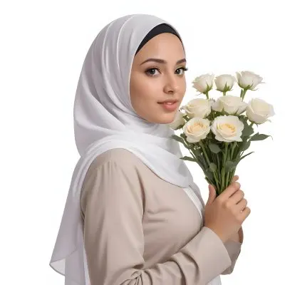 A Light Skinned Arab Woman Age 25 With A White Hijab Holding A Bouquet Of Flowers White Shirt In A White Background 30 8624