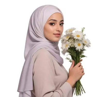 A Light Skinned Arab Woman Age 25 With A White Hijab Holding A Bouquet Of Flowers White Shirt In A White Background 31 3f62