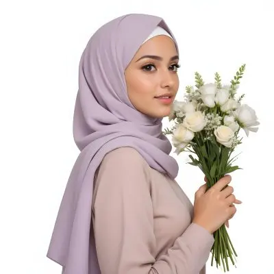 A Light Skinned Arab Woman Age 25 With A White Hijab Holding A Bouquet Of Flowers White Shirt In A White Background 32 C5be