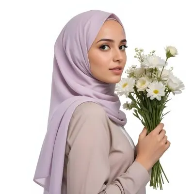 A Light Skinned Arab Woman Age 25 With A White Hijab Holding A Bouquet Of Flowers White Shirt In A White Background 37 B2dc