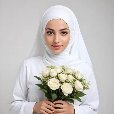 A Light Skinned Arab Woman Age 25 With A White Hijab Holding A Bouquet Of Flowers White Shirt In A White Background 42 43bb