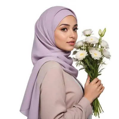 A Light Skinned Arab Woman Age 25 With A White Hijab Holding A Bouquet Of Flowers White Shirt In A White Background 7 9192