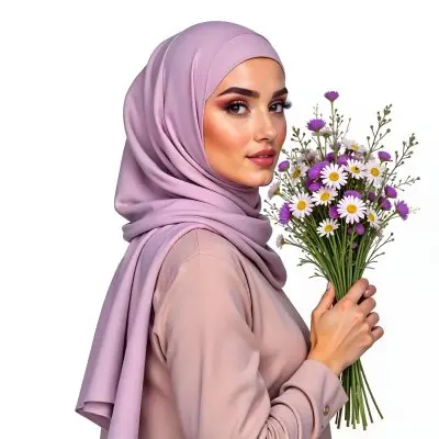 A Light Skinned Arab Woman Age 25 With A White Hijab Holding A Bouquet Of Flowers White Shirt In A White Background 8 5154
