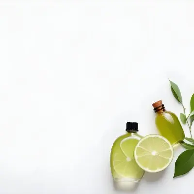 A Lime Slice Green Leaves And A Glass Bottle With Essential Oil On A White Background 15