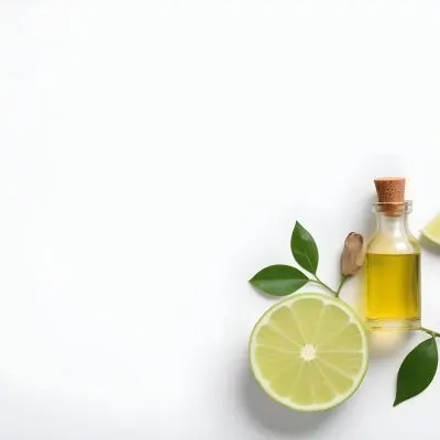 A Lime Slice Green Leaves And A Glass Bottle With Essential Oil On A White Background 18