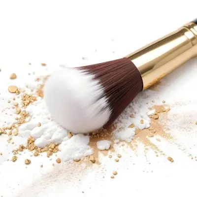 A Makeup Brush With White Bristles And A Gold Handle Surrounded By Scattered White Powder On A White Surface 50 A277