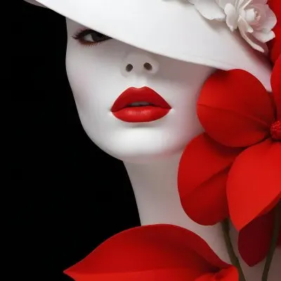 A Mannequin With White Skin And White Lips Wearing A Red Hat With A White Flower Around The Face In A Red Background 27 Cd60