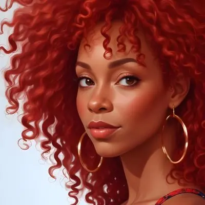 A Middle Aged African American Woman With Vibrant Red Curly Hair Wearing Large Hoop Earrings And A Red Dress Against A Red Background 33 Fe77