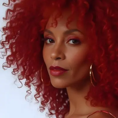 A Middle Aged African American Woman With Vibrant Red Curly Hair Wearing Large Hoop Earrings And A Red Dress Against A Red Background 7 7d2f