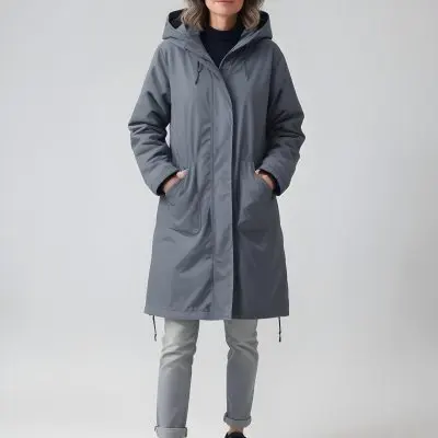 A Middle Aged Caucasian Woman Wearing A Gray Hooded Parka Coat Standing Against A Plain Background 15 0200
