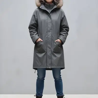 A Middle Aged Caucasian Woman Wearing A Gray Hooded Parka Coat Standing Against A Plain Background 4 B870