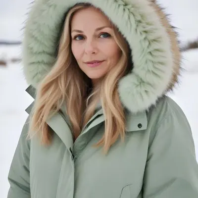 A Middle Aged Caucasian Woman With Long Blonde Hair Wearing A Light Green Parka With A Large Fur Lined Hood 13 E33f