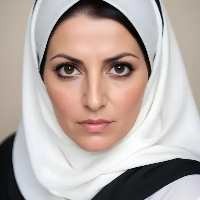 A Middle Aged Middle Eastern Woman With Dark Hair Wearing A White Hijab Looking Directly At The Camera With A Serious Expression 6 Aebe