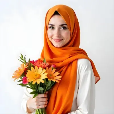 A Middle Eastern Woman 22 Years Old Fair Skin Light Brown Eyes Wearing An Orange Hijab And A White Shirt Holding A Colorful Bouquet Of Flowers White Background 1 E637