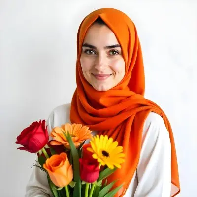 A Middle Eastern Woman 22 Years Old Fair Skin Light Brown Eyes Wearing An Orange Hijab And A White Shirt Holding A Colorful Bouquet Of Flowers White Background 27 0daf