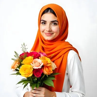 A Middle Eastern Woman 22 Years Old Fair Skin Light Brown Eyes Wearing An Orange Hijab And A White Shirt Holding A Colorful Bouquet Of Flowers White Background 7 7eee