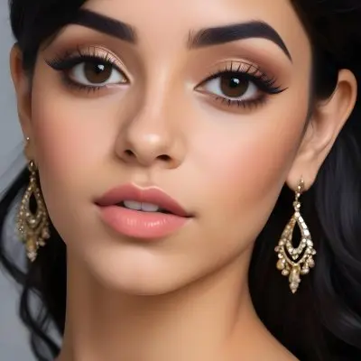 A Middle Eastern Woman 23 Years Old Light Skin Black Hair With Earrings Heavy Makeup Looking At The Camera In A Studio 9 F4d7