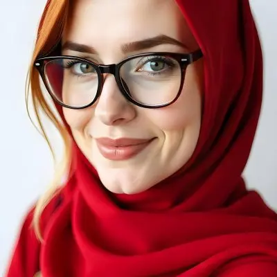 A Middle Eastern Woman 24 Years Old With Red Hair Wearing A Red Hijab And Glasses Brown Lipstick In A White Background 11 Acdd