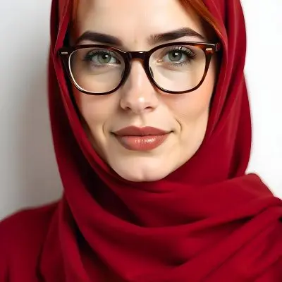 A Middle Eastern Woman 24 Years Old With Red Hair Wearing A Red Hijab And Glasses Brown Lipstick In A White Background 21 5fd8