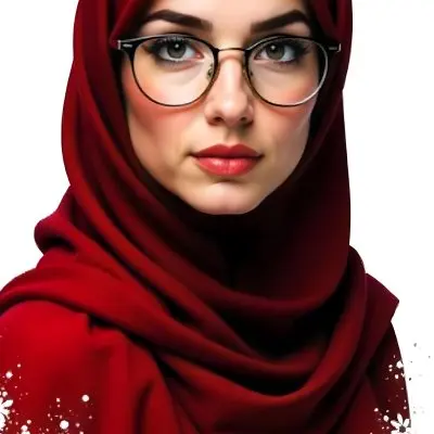 A Middle Eastern Woman 24 Years Old With Red Hair Wearing A Red Hijab And Glasses Brown Lipstick In A White Background 30 Ef3d