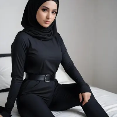 A Middle Eastern Woman 25 Years Old Black Hair Wearing A Black Hijab And A Black Catsuit With A Black Belt Sitting On A Bed In A Room With White Walls 12 858d
