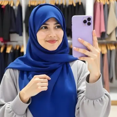A Middle Eastern Woman 25 Years Old Light Skin With A Blue Hijab Taking A Selfie With A Purple Phone In A Clothing Store 28 2316