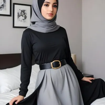 A Middle Eastern Woman 25 Years Old Wearing A Black Hijab Gray Long Sleeve Shirt Gray Skirt And A Black Belt In A Bedroom 37 F882