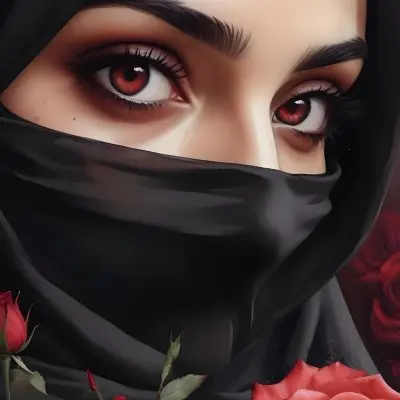 A Middle Eastern Woman 25 Years Old With Red Eyes And Black Hijab Red Roses In The Foreground Dark Background 1 D47f