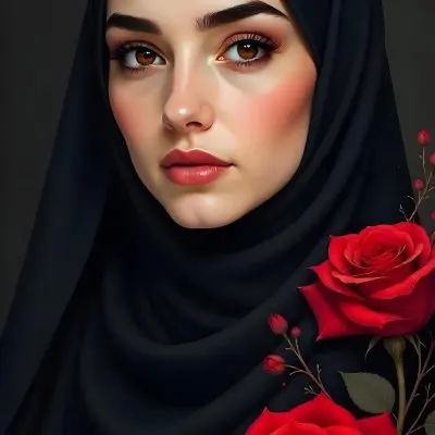 A Middle Eastern Woman 25 Years Old With Red Eyes And Black Hijab Red Roses In The Foreground Dark Background 11 4eaa