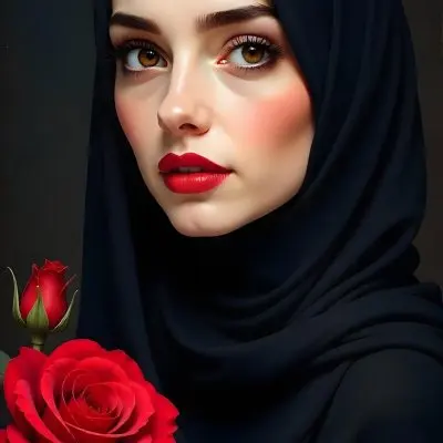 A Middle Eastern Woman 25 Years Old With Red Eyes And Black Hijab Red Roses In The Foreground Dark Background 12 D0e5
