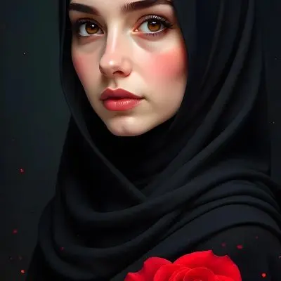 A Middle Eastern Woman 25 Years Old With Red Eyes And Black Hijab Red Roses In The Foreground Dark Background 13 F074