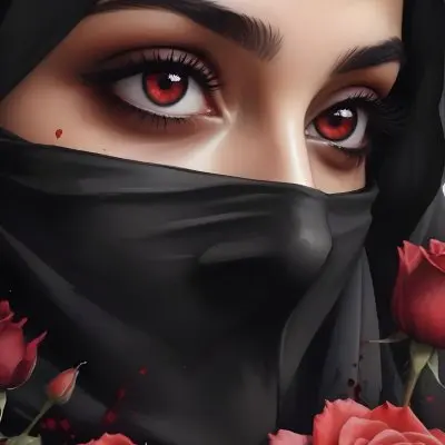 A Middle Eastern Woman 25 Years Old With Red Eyes And Black Hijab Red Roses In The Foreground Dark Background 2 3115