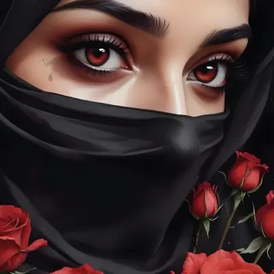 A Middle Eastern Woman 25 Years Old With Red Eyes And Black Hijab Red Roses In The Foreground Dark Background 3 1941