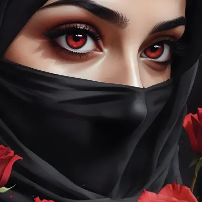 A Middle Eastern Woman 25 Years Old With Red Eyes And Black Hijab Red Roses In The Foreground Dark Background 4 511c