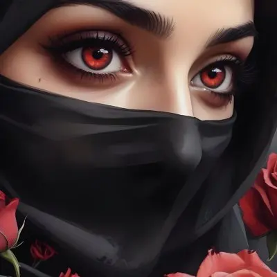 A Middle Eastern Woman 25 Years Old With Red Eyes And Black Hijab Red Roses In The Foreground Dark Background 5 71cf