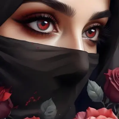 A Middle Eastern Woman 25 Years Old With Red Eyes And Black Hijab Red Roses In The Foreground Dark Background 6 4f02